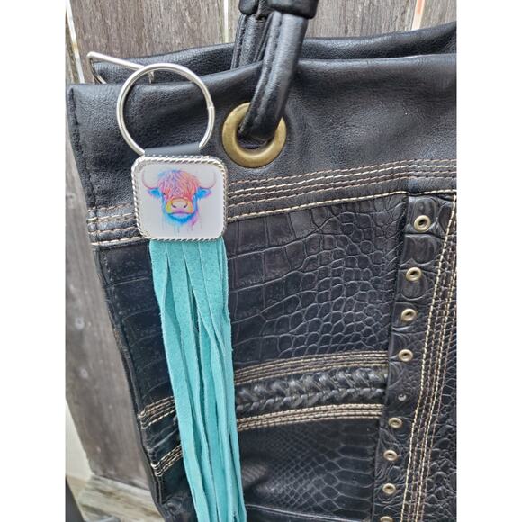 Handmade boho cow Leather Fringe Western bag charm, Long fringe keychain - Picture 2 of 4